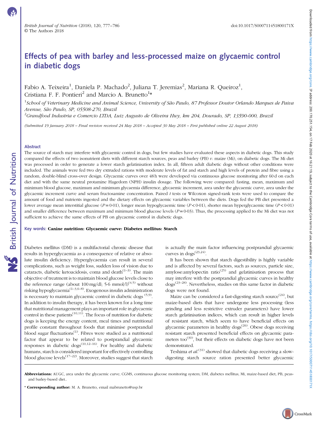 Effects of Pea with Barley and Less-Processed Maize on Glycaemic Control in Diabetic Dogs
