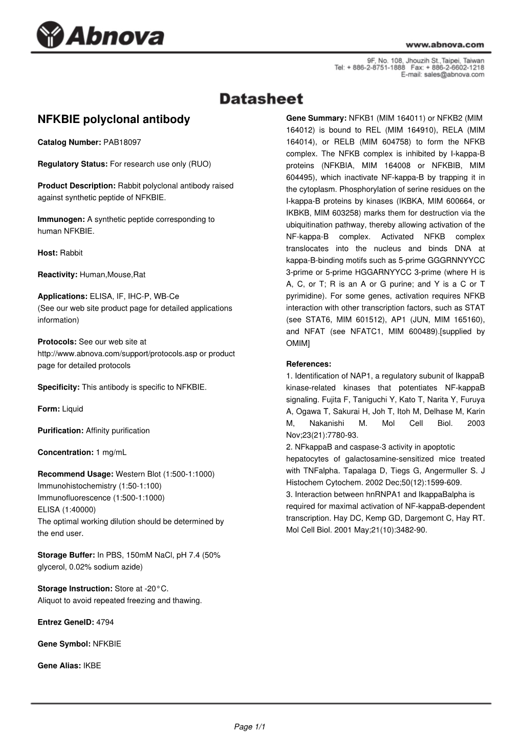 NFKBIE Polyclonal Antibody