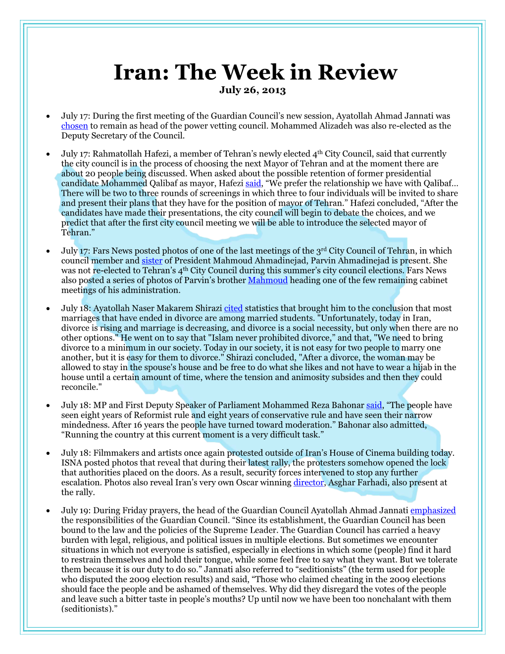 Iran: the Week in Review July 26, 2013