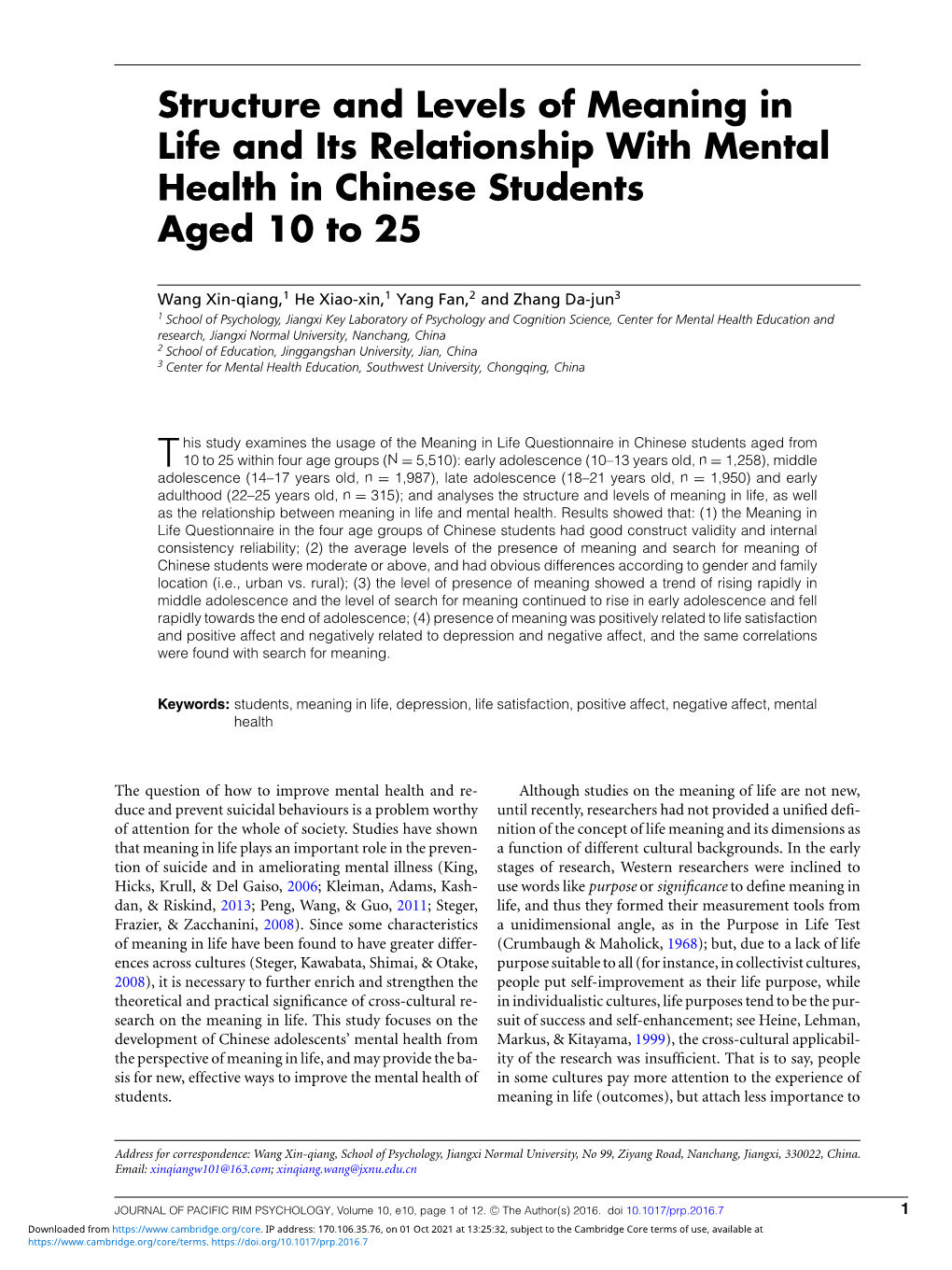 Structure and Levels of Meaning in Life and Its Relationship with Mental Health in Chinese Students Aged 10 to 25