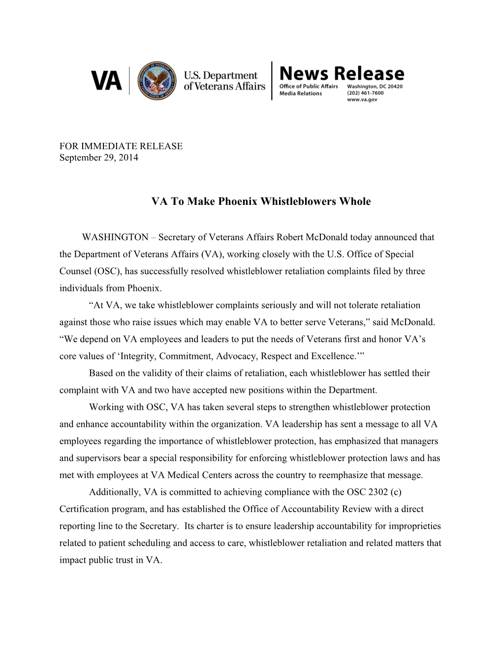 VA to Make Phoenix Whistleblowers Whole