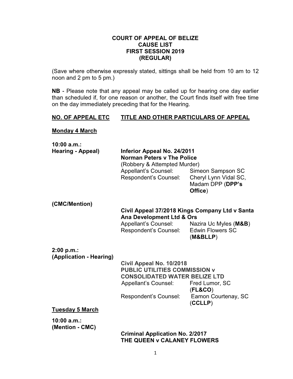 Court of Appeal of Belize Cause List First Session 2019 (Regular)