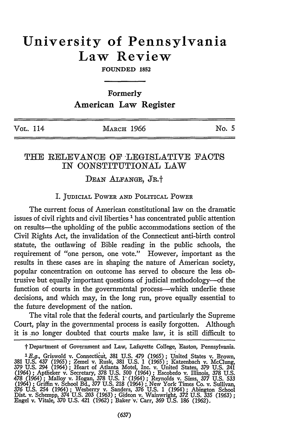 RELEVANCE of LEGISLATIVE FACTS in CONSTITUTIONAL LAW DEAN ALFANGE, JR.T