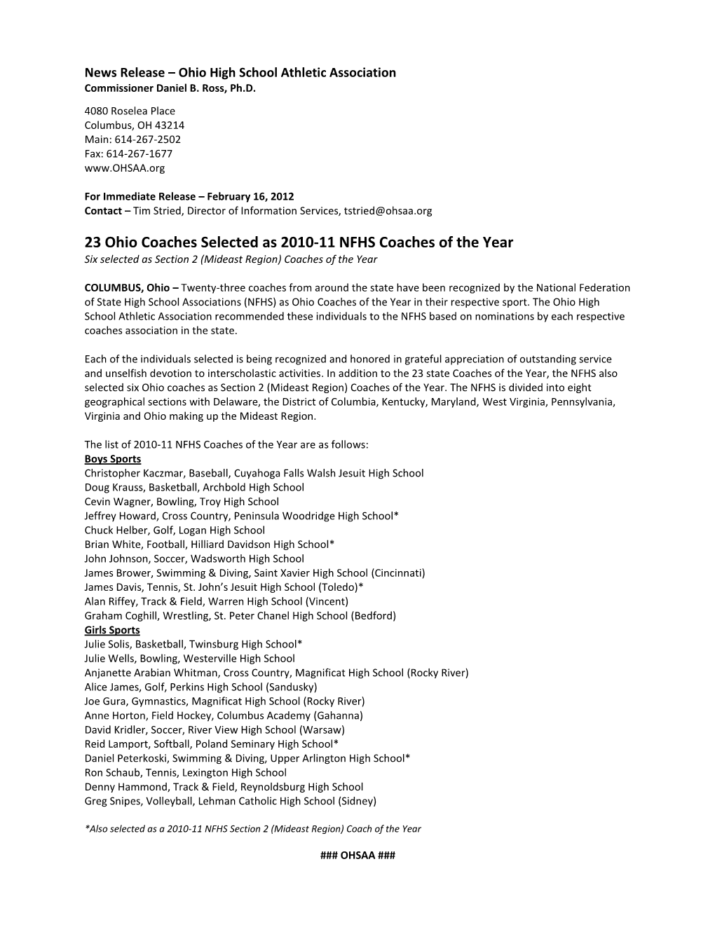 23 Ohio Coaches Selected As 2010-11 NFHS Coaches of the Year Six Selected As Section 2 (Mideast Region) Coaches of the Year