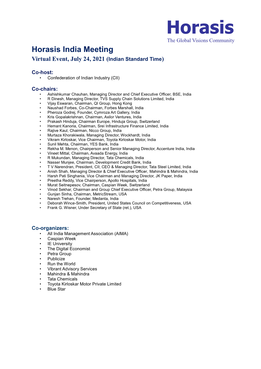 Horasis India Meeting Virtual Event, July 24, 2021 (Indian Standard Time)