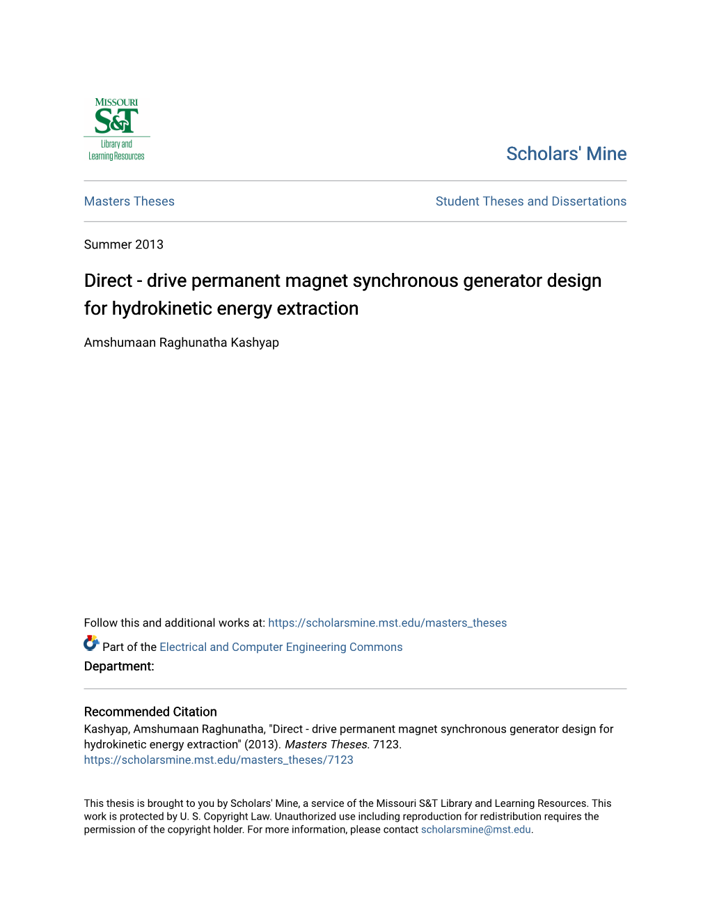 Drive Permanent Magnet Synchronous Generator Design for Hydrokinetic Energy Extraction