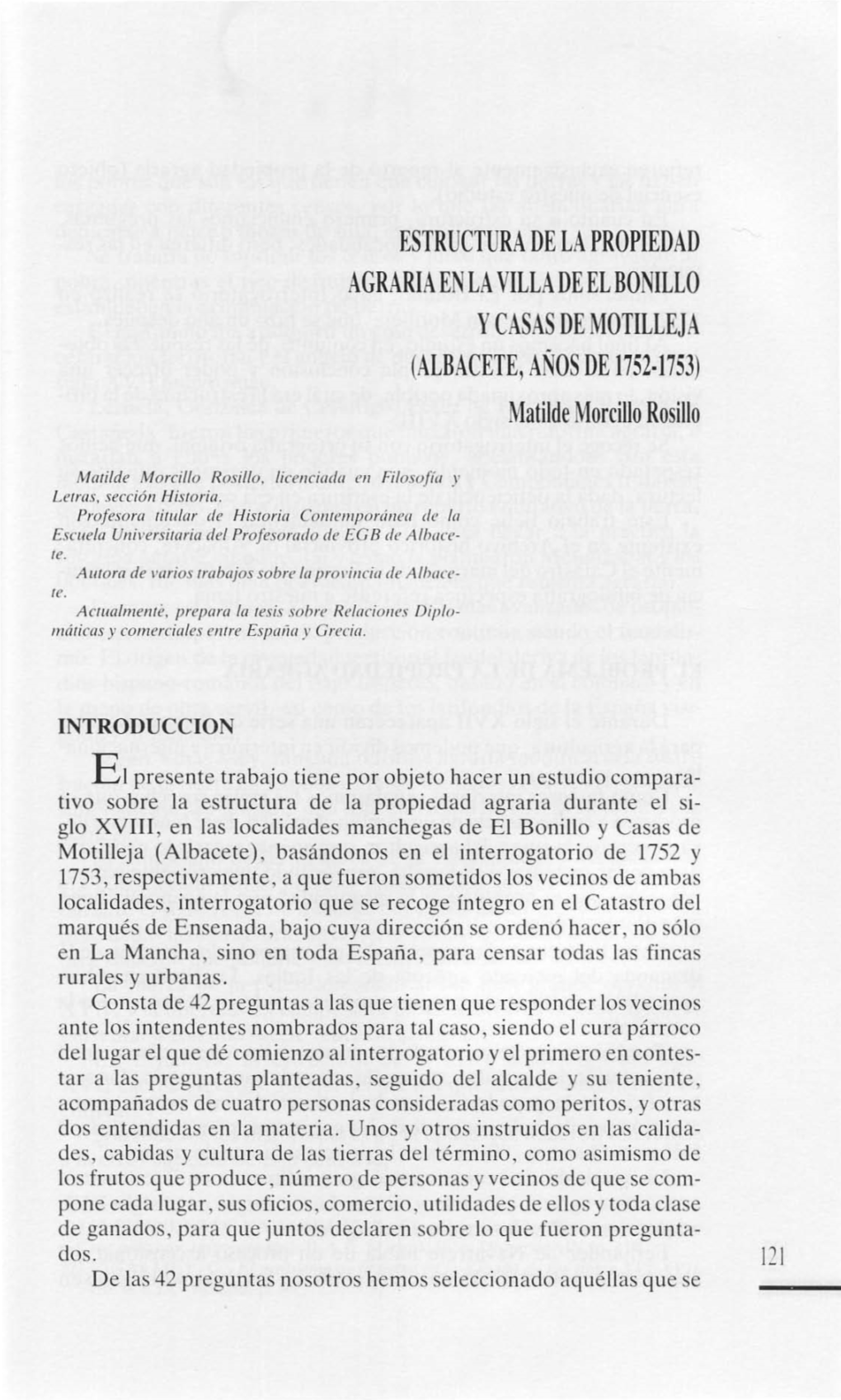 ESTRUCTURA DE LA PROPIEDAD AGRARIA EN LA VILLA DE EL BONILLO YCASAS DE MOTILLEJA (ALBACETE, ANOS DE 1752·1753) Matilde Morcillo Rosillo