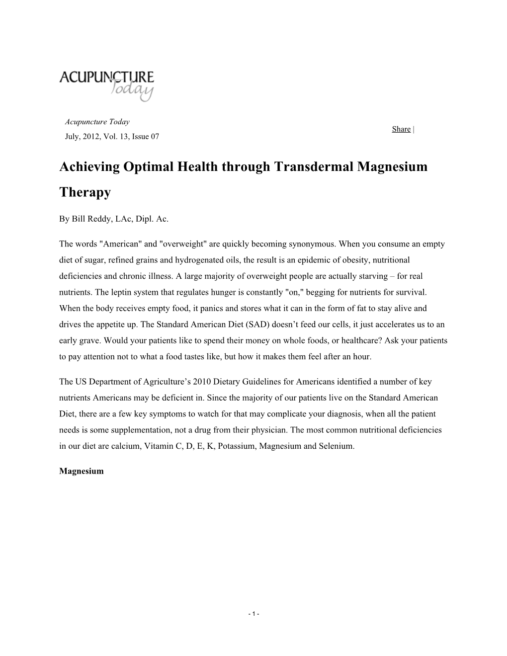 Achieving Optimal Health Through Transdermal Magnesium Therapy