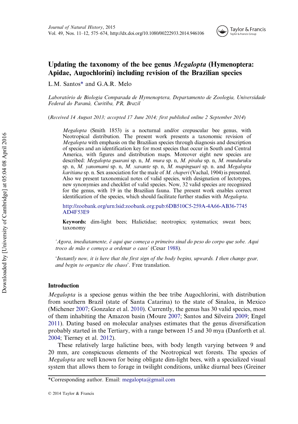 Updating the Taxonomy of the Bee Genus Megalopta (Hymenoptera: Apidae, Augochlorini) Including Revision of the Brazilian Species L.M