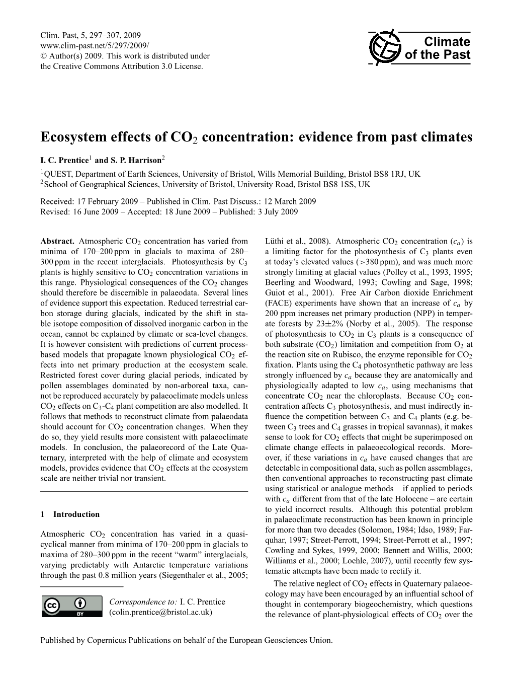 Ecosystem Effects of CO2 Concentration: Evidence from Past Climates