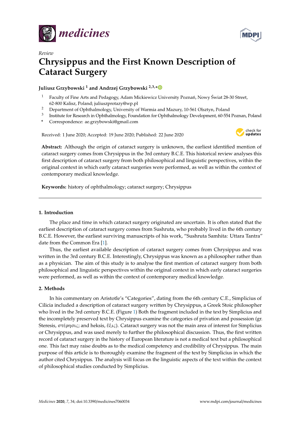 Chrysippus and the First Known Description of Cataract Surgery