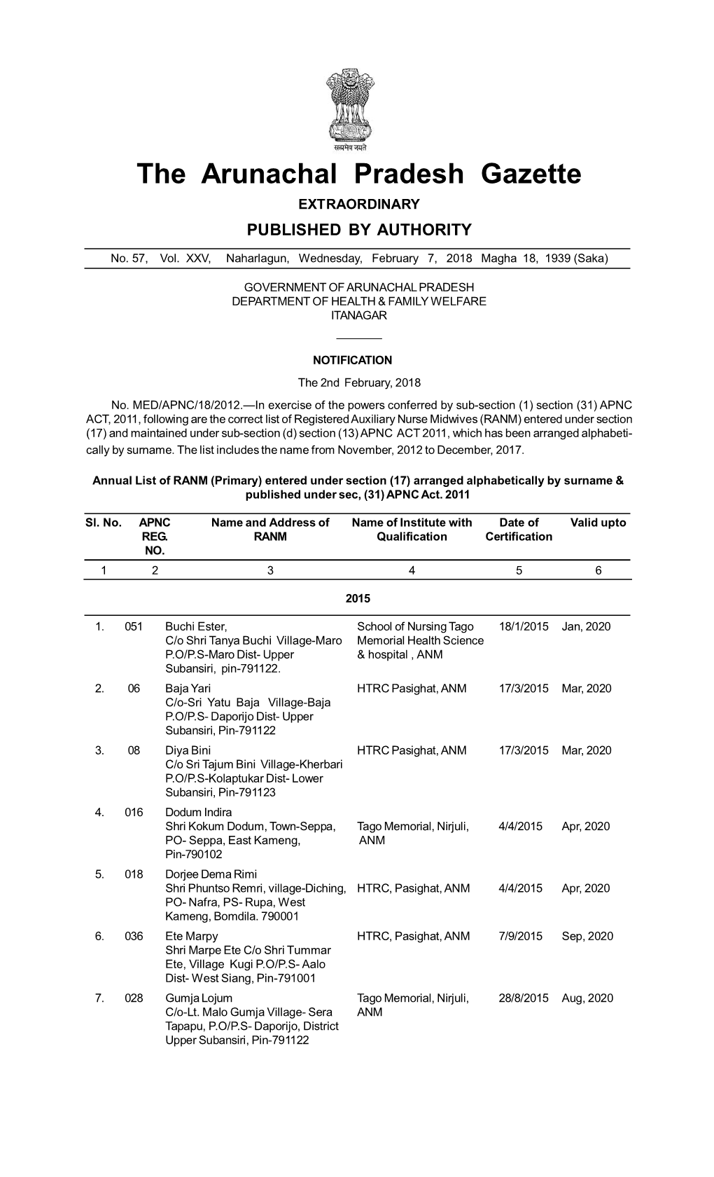 The Arunachal Pradesh Gazette EXTRAORDINARY PUBLISHED by AUTHORITY