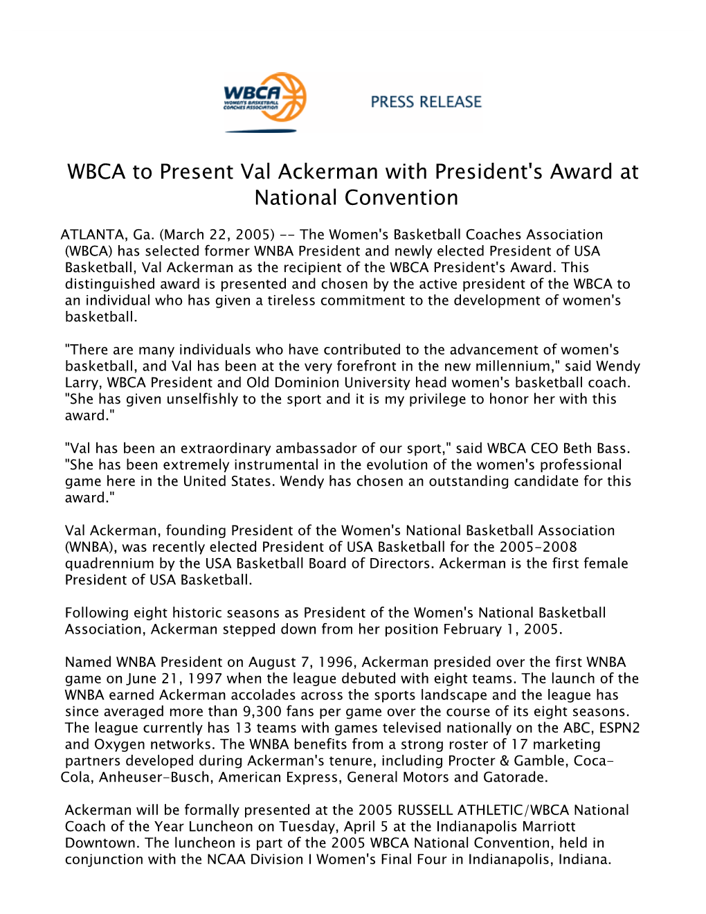 WBCA to Present Val Ackerman with President's Award at National Convention