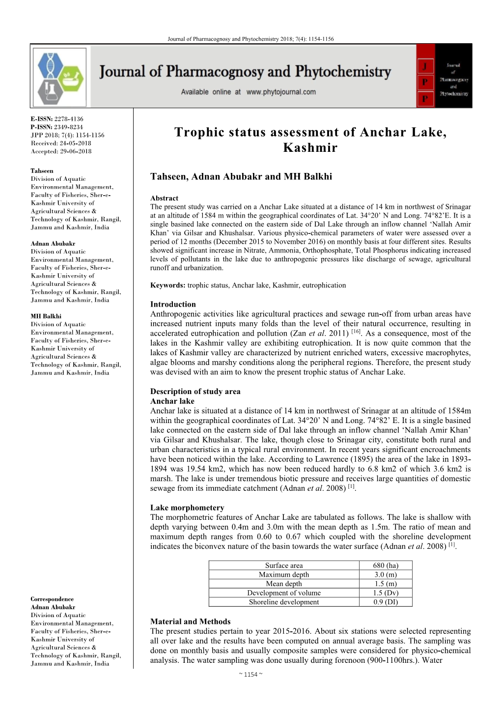 Trophic Status Assessment of Anchar Lake, Kashmir