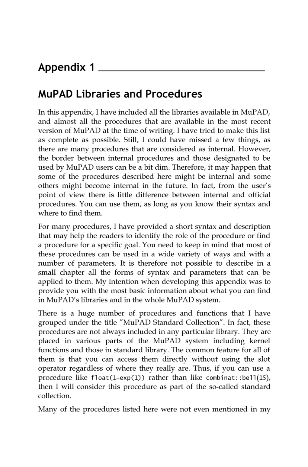 Appendix 1 Mupad Libraries and Procedures