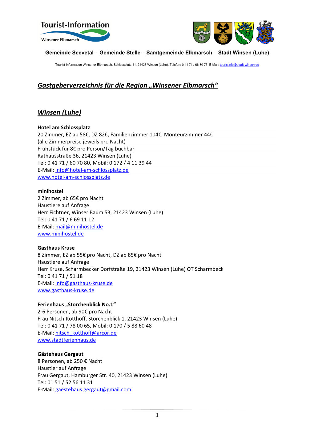 Gastgeberverzeichnis Für Die Region „Winsener Elbmarsch“ Winsen (Luhe)