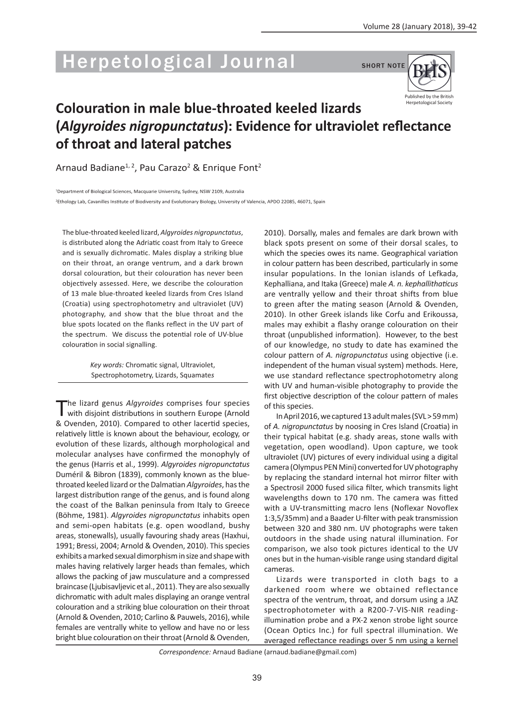 Algyroides Nigropunctatus): Evidence for Ultraviolet Reflectance of Throat and Lateral Patches