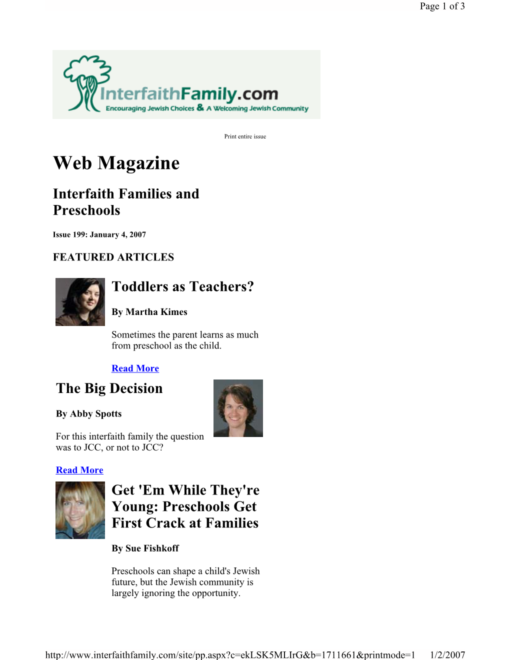 Web Magazine Interfaith Families and Preschools