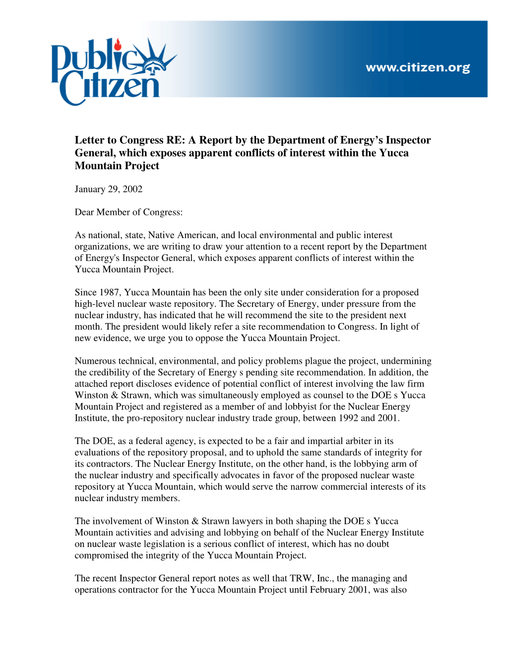 Letter to Congress RE: a Report by the Department of Energy’S Inspector General, Which Exposes Apparent Conflicts of Interest Within the Yucca Mountain Project