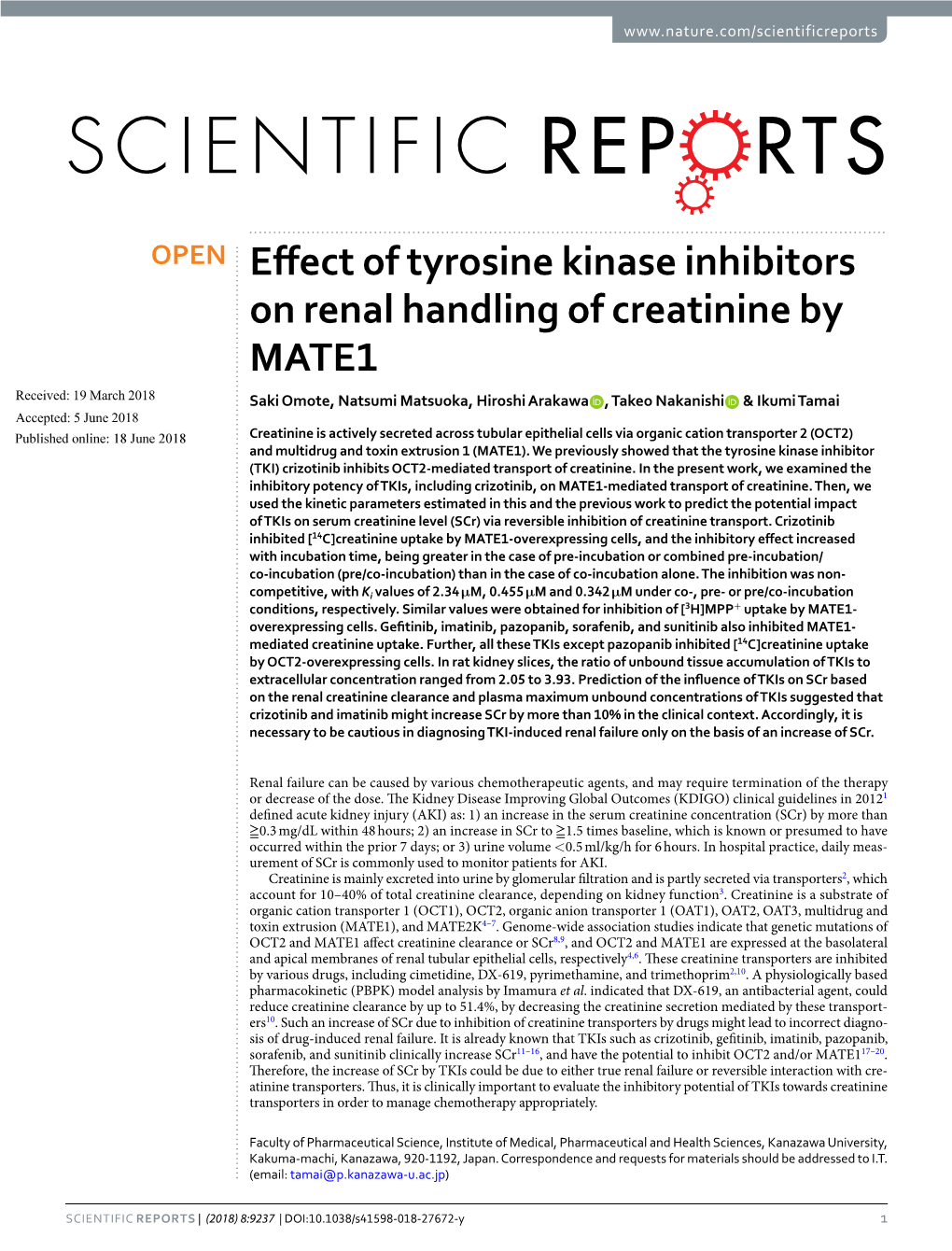 Effect of Tyrosine Kinase Inhibitors on Renal Handling of Creatinine By