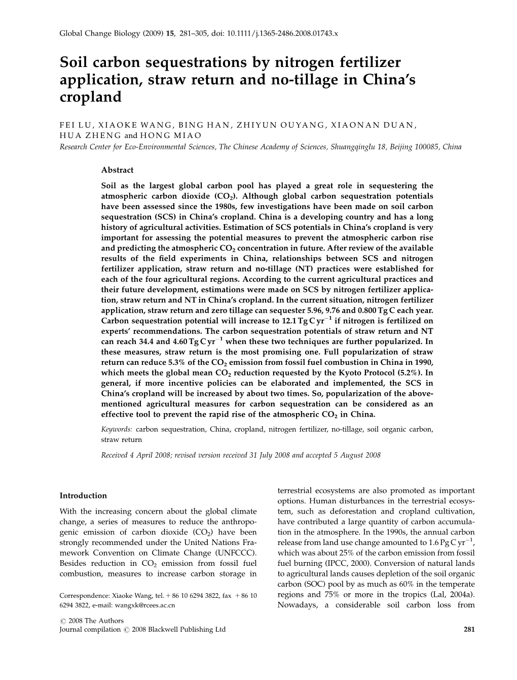 Soil Carbon Sequestrations by Nitrogen Fertilizer Application, Straw Return and No-Tillage in China’S Cropland