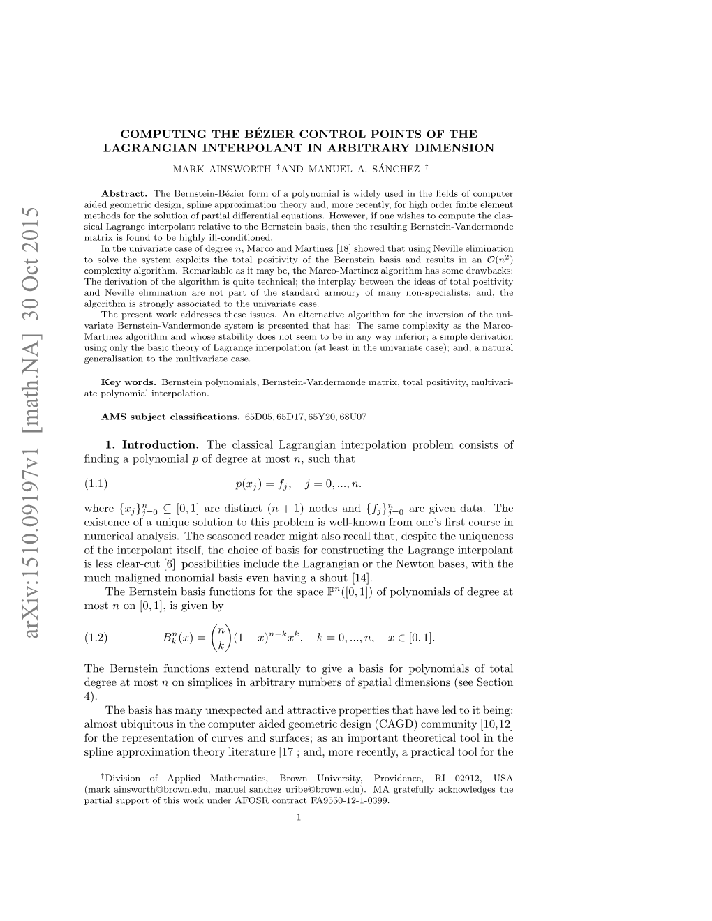 Computing the B\'Ezier Control Points of the Lagrangian Interpolant In