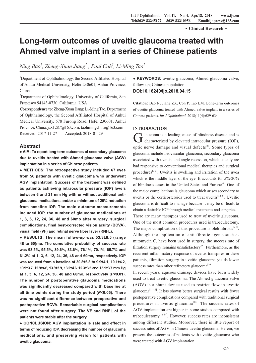 Long-Term Outcomes of Uveitic Glaucoma Treated with Ahmed Valve Implant in a Series of Chinese Patients