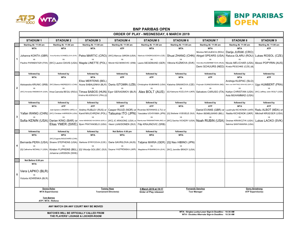 Bnp Paribas Open Order of Play - Wednesday, 6 March 2019