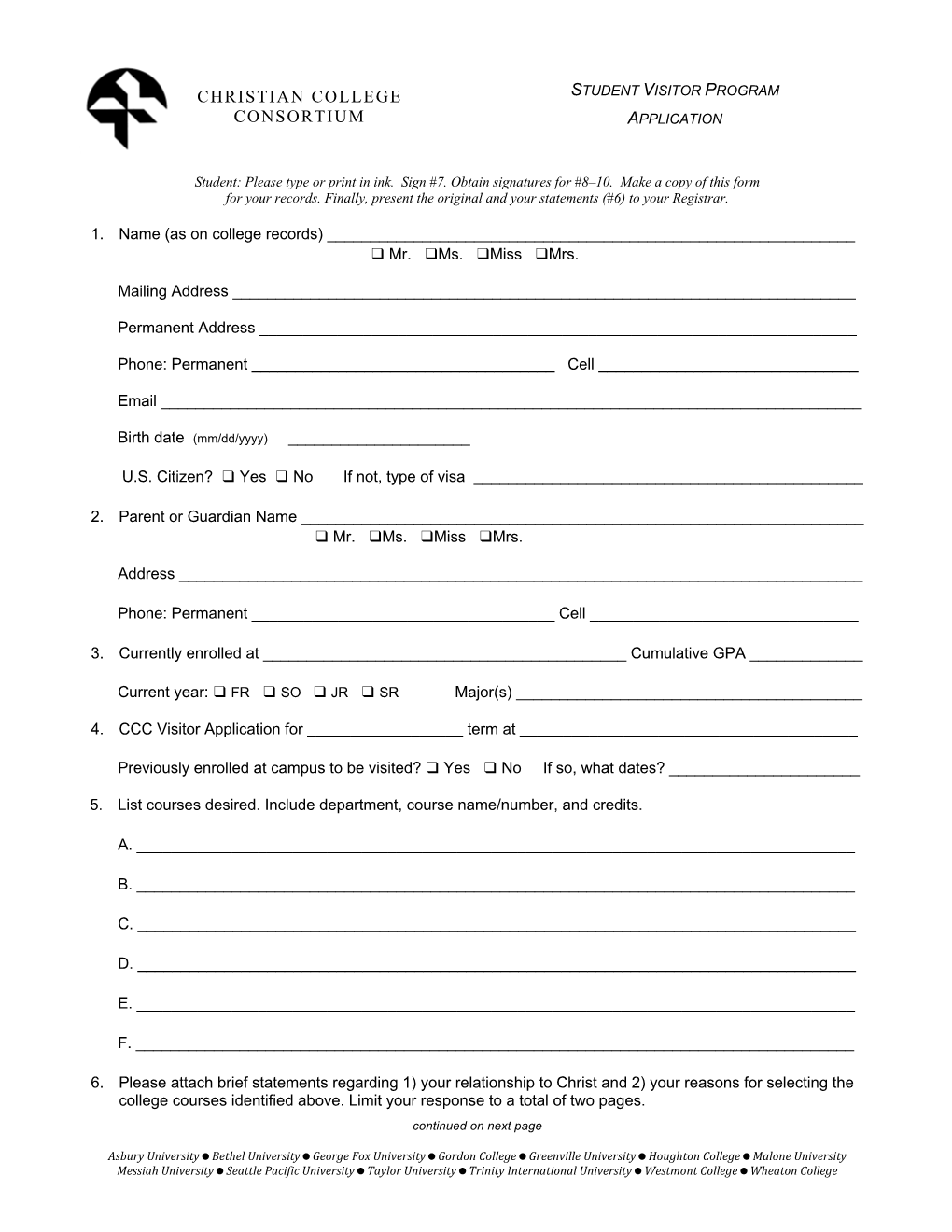 CCC Student Visitor Application