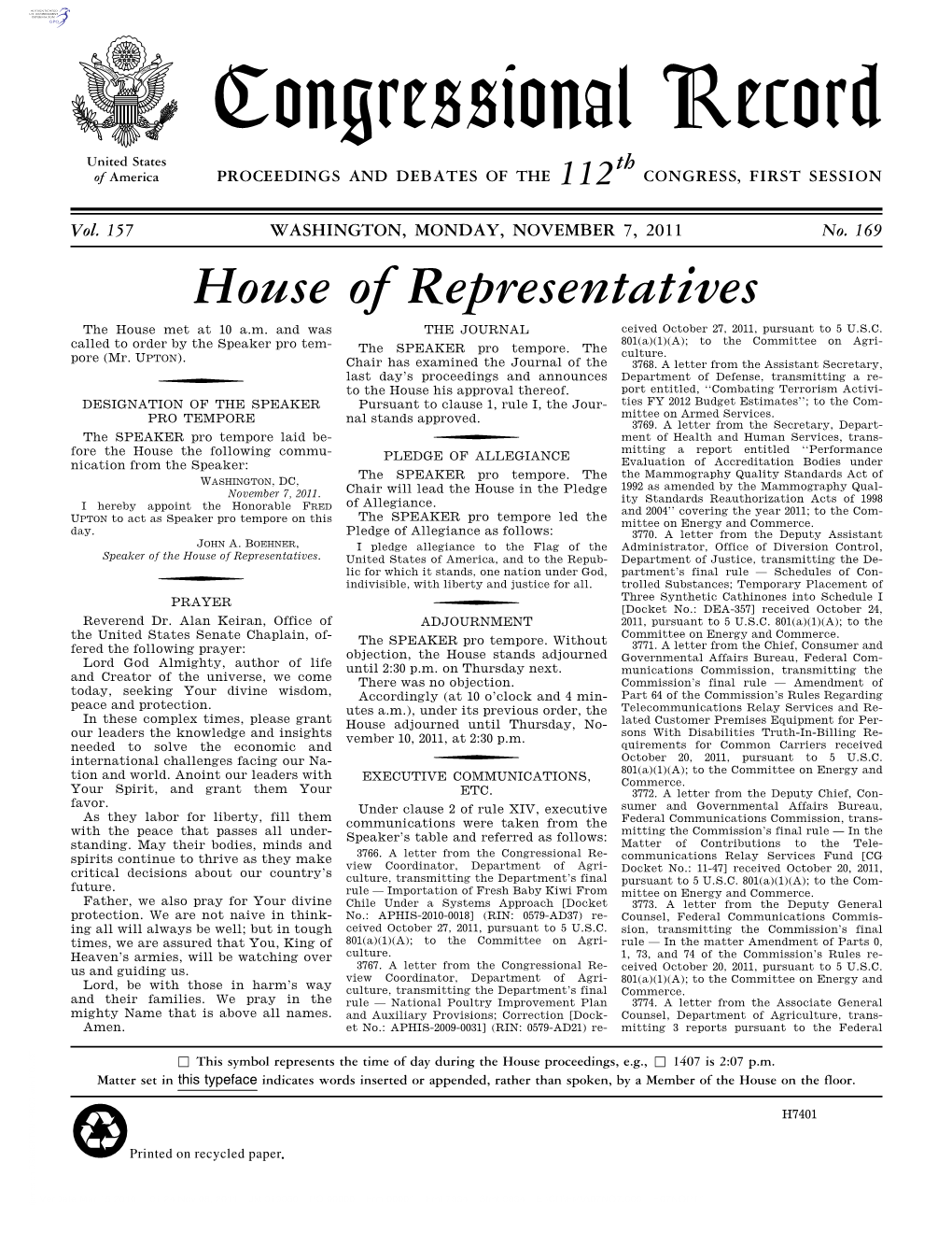 Congressional Record United States Th of America PROCEEDINGS and DEBATES of the 112 CONGRESS, FIRST SESSION