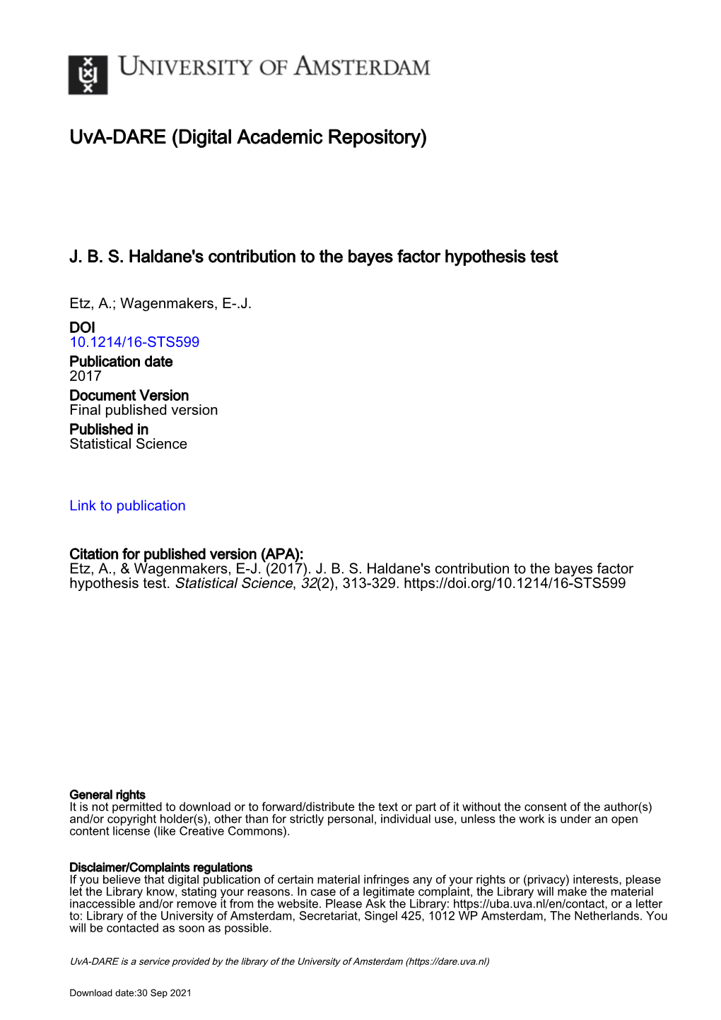 J. B. S. Haldane's Contribution to the Bayes Factor Hypothesis Test