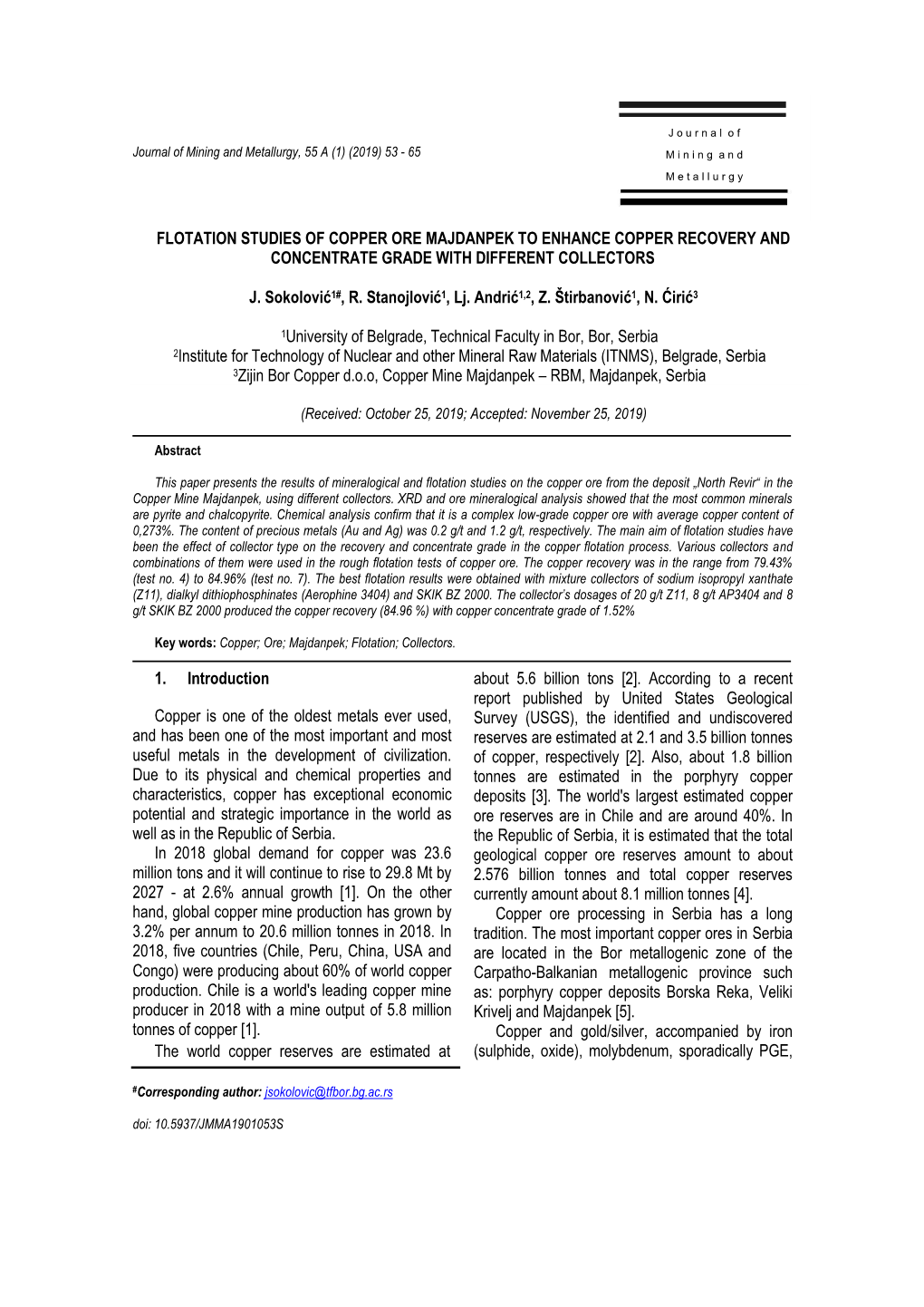 Flotation Studies of Copper Ore Majdanpek to Enhance Copper Recovery and Concentrate Grade with Different Collectors