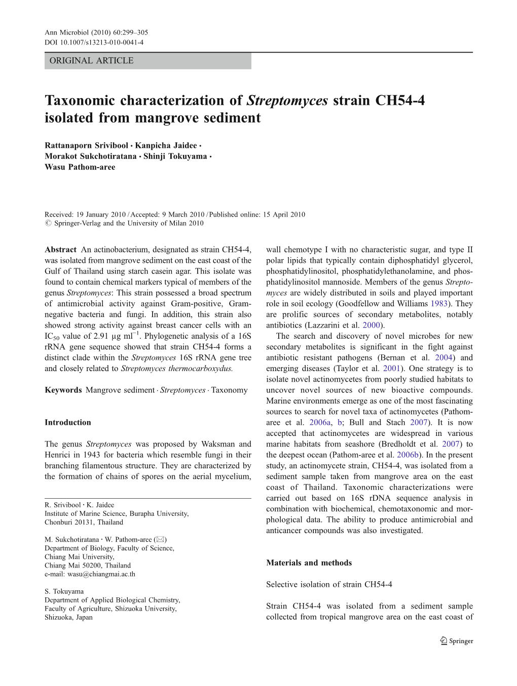 Taxonomic Characterization of Streptomyces Strain CH54-4 Isolated from Mangrove Sediment