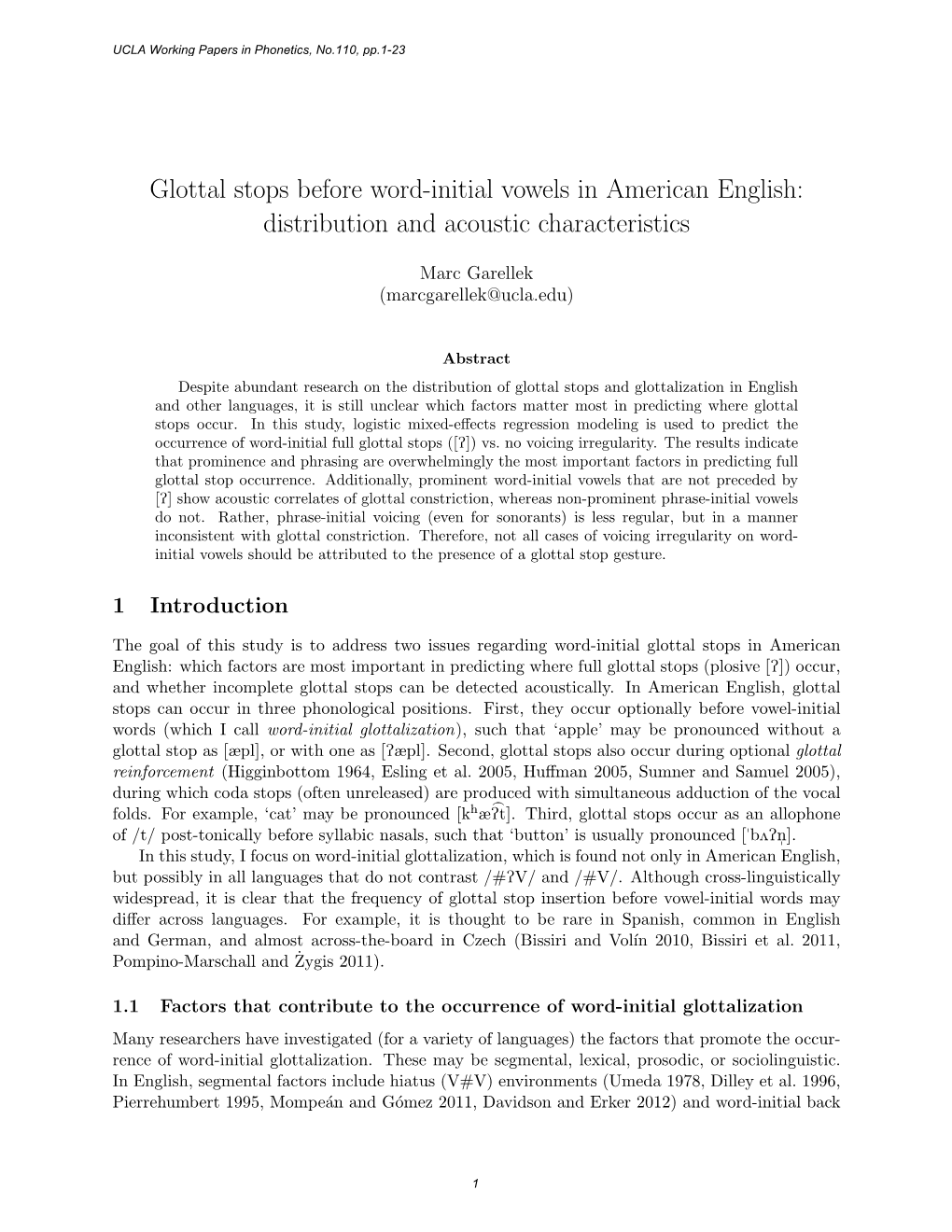 Glottal Stops Before Word-Initial Vowels in American English: Distribution and Acoustic Characteristics