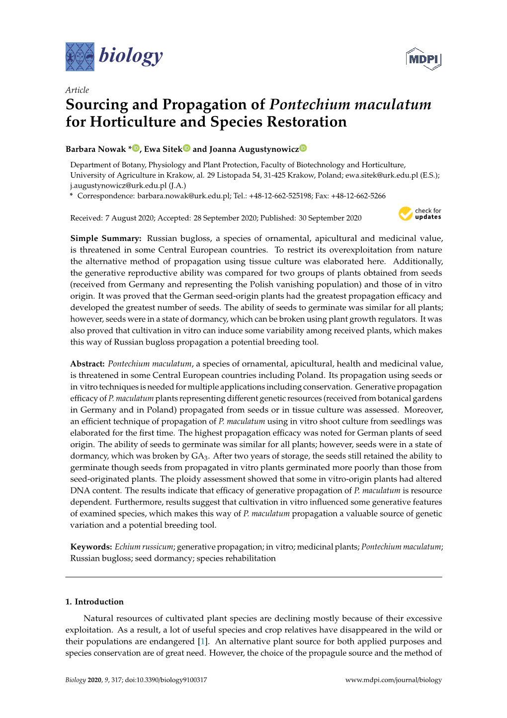 Sourcing and Propagation of Pontechium Maculatum for Horticulture and Species Restoration