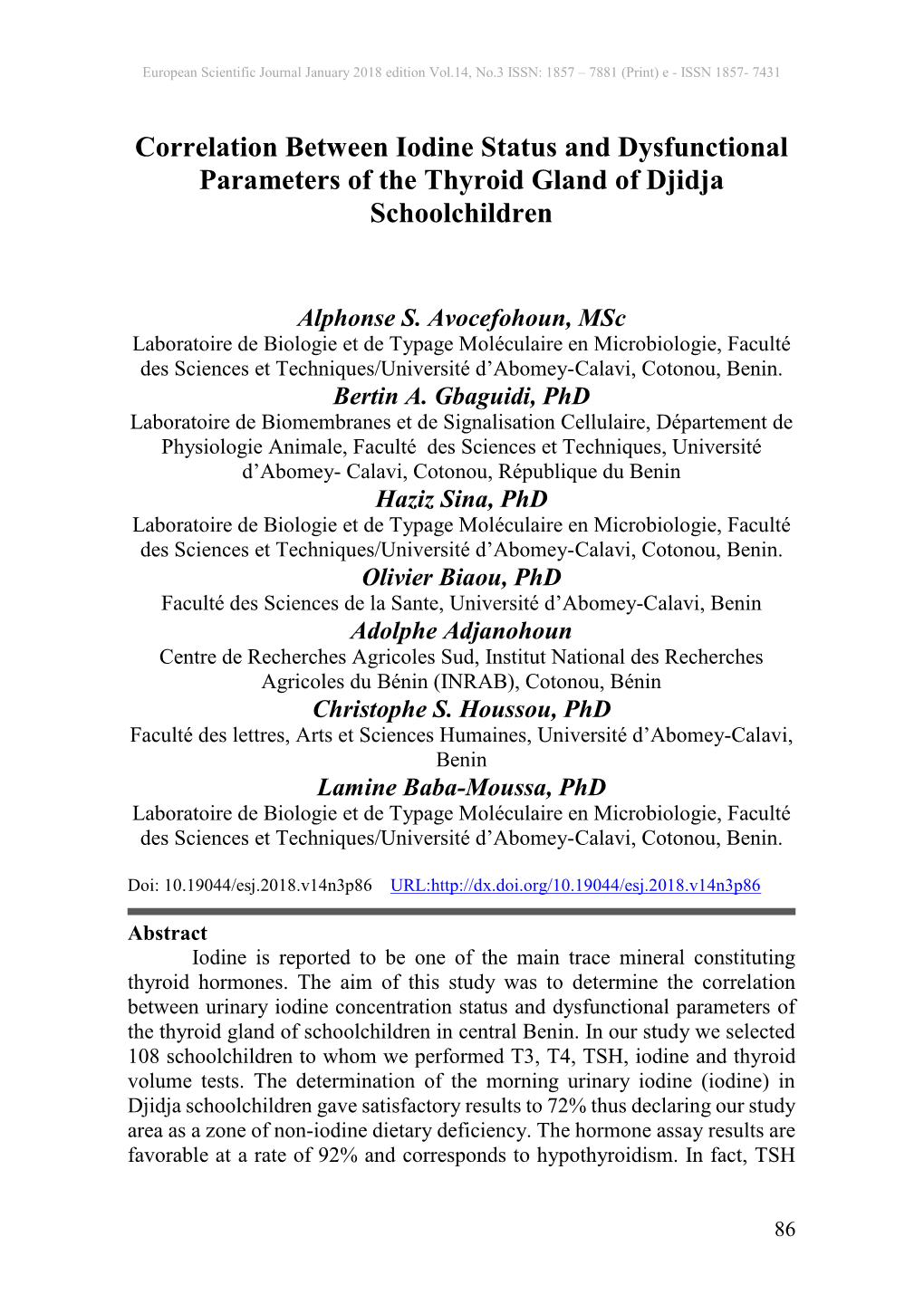 Correlation Between Iodine Status and Dysfunctional Parameters of the Thyroid Gland of Djidja Schoolchildren