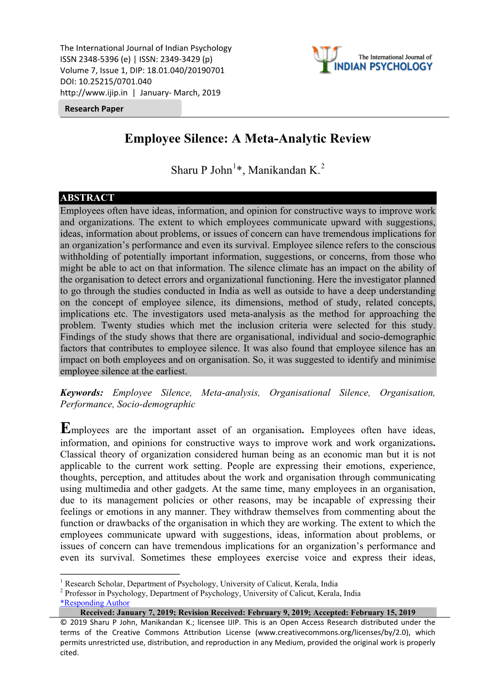 Employee Silence: a Meta-Analytic Review