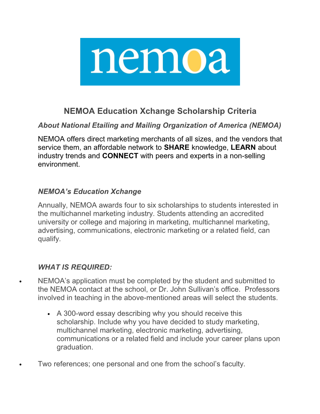 NEMOA Education Xchange Scholarship Criteria