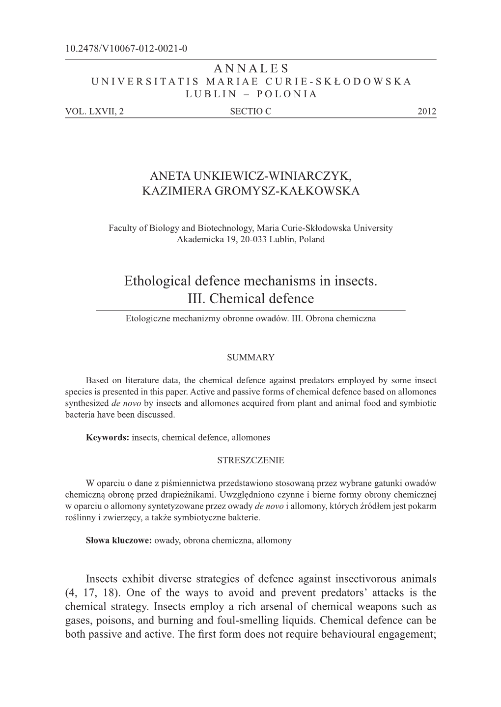 Ethological Defence Mechanisms in Insects. III. Chemical Defence (WRORJLF]QHPHFKDQL]P\REURQQHRzdgyz,,,2EURQDFKHPLF]QD