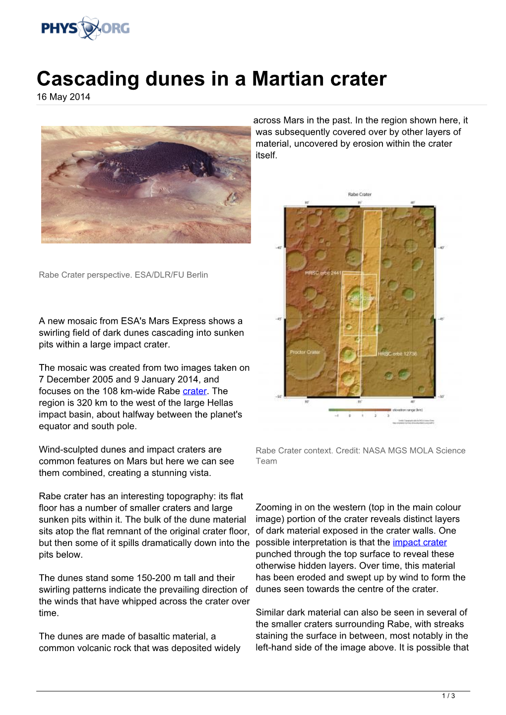 Cascading Dunes in a Martian Crater 16 May 2014