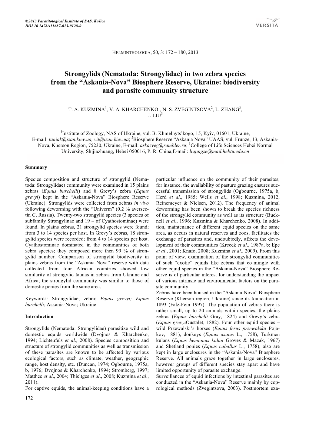 (Nematoda: Strongylidae) in Two Zebra Species from the “Askania-Nova” Biosphere Reserve, Ukraine: Biodiversity and Parasite Community Structure