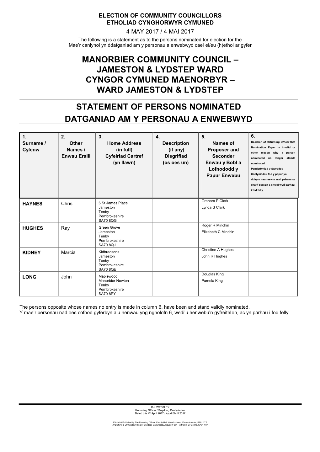 Jameston & Lydstep Ward Cyngor Cymuned Maenorbyr