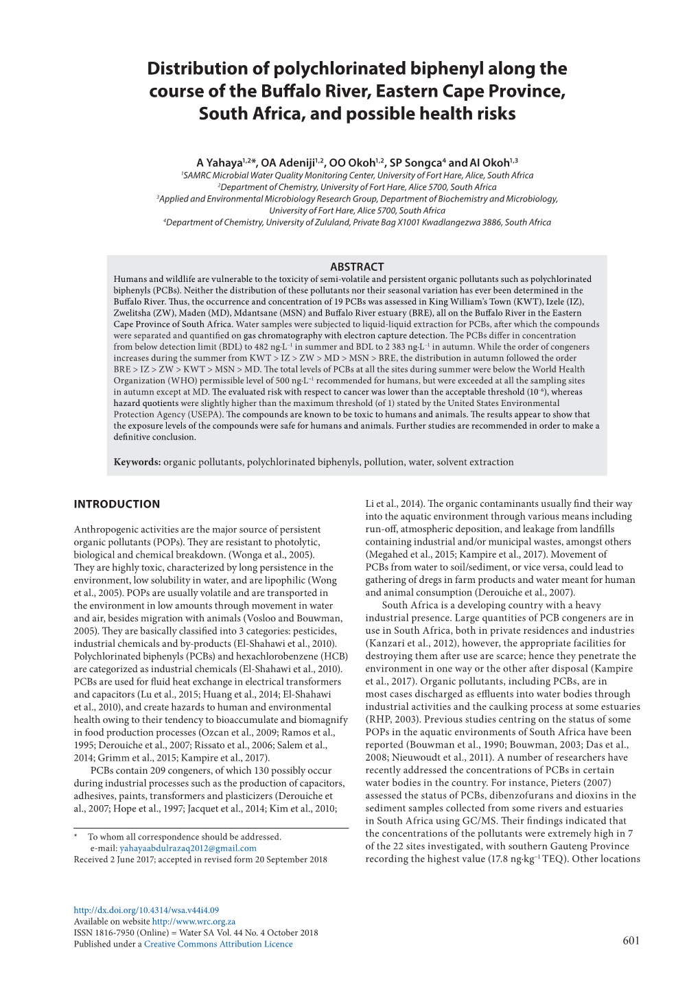 Distribution of Polychlorinated Biphenyl Along the Course of the Buffalo River, Eastern Cape Province, South Africa, and Possible Health Risks