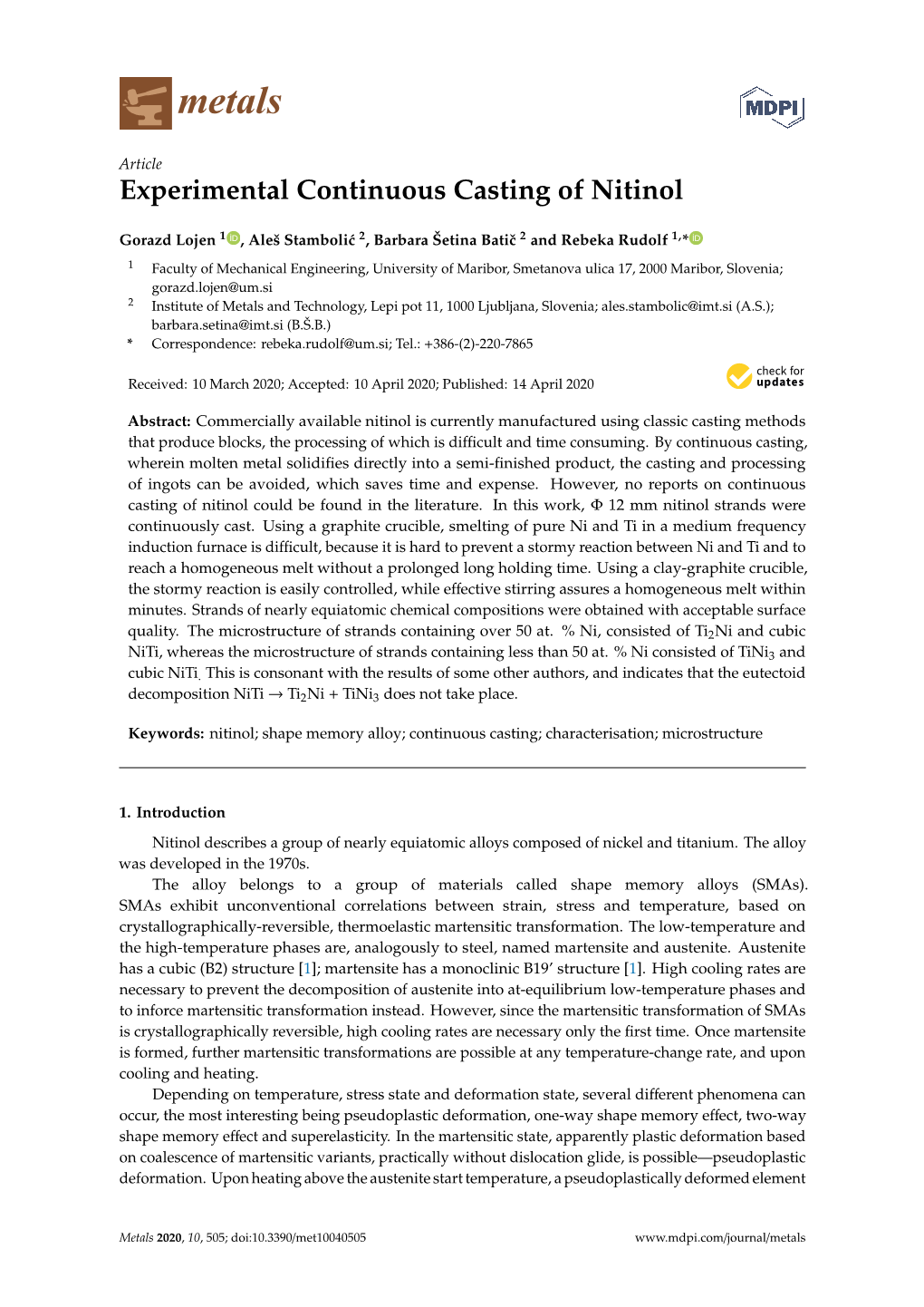 Experimental Continuous Casting of Nitinol