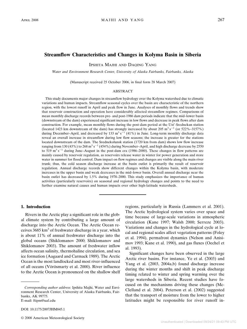 Streamflow Characteristics and Changes in Kolyma Basin in Siberia