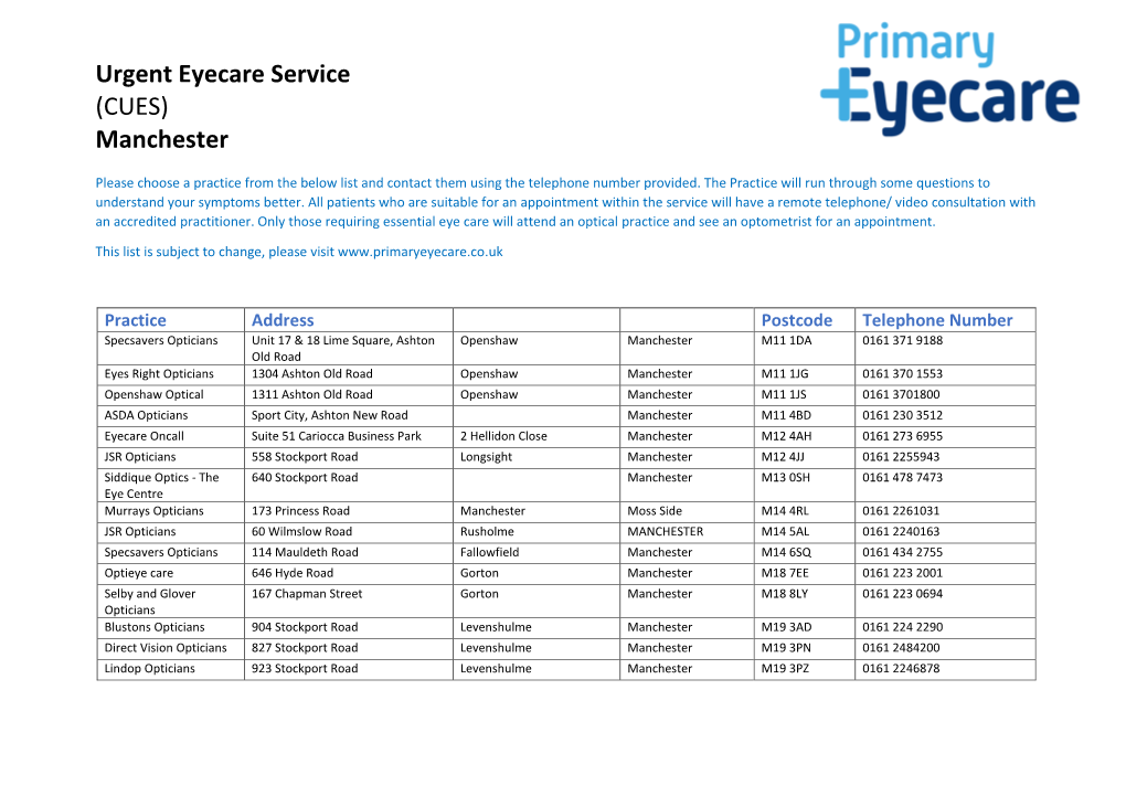 Urgent Eyecare Service (CUES) Manchester