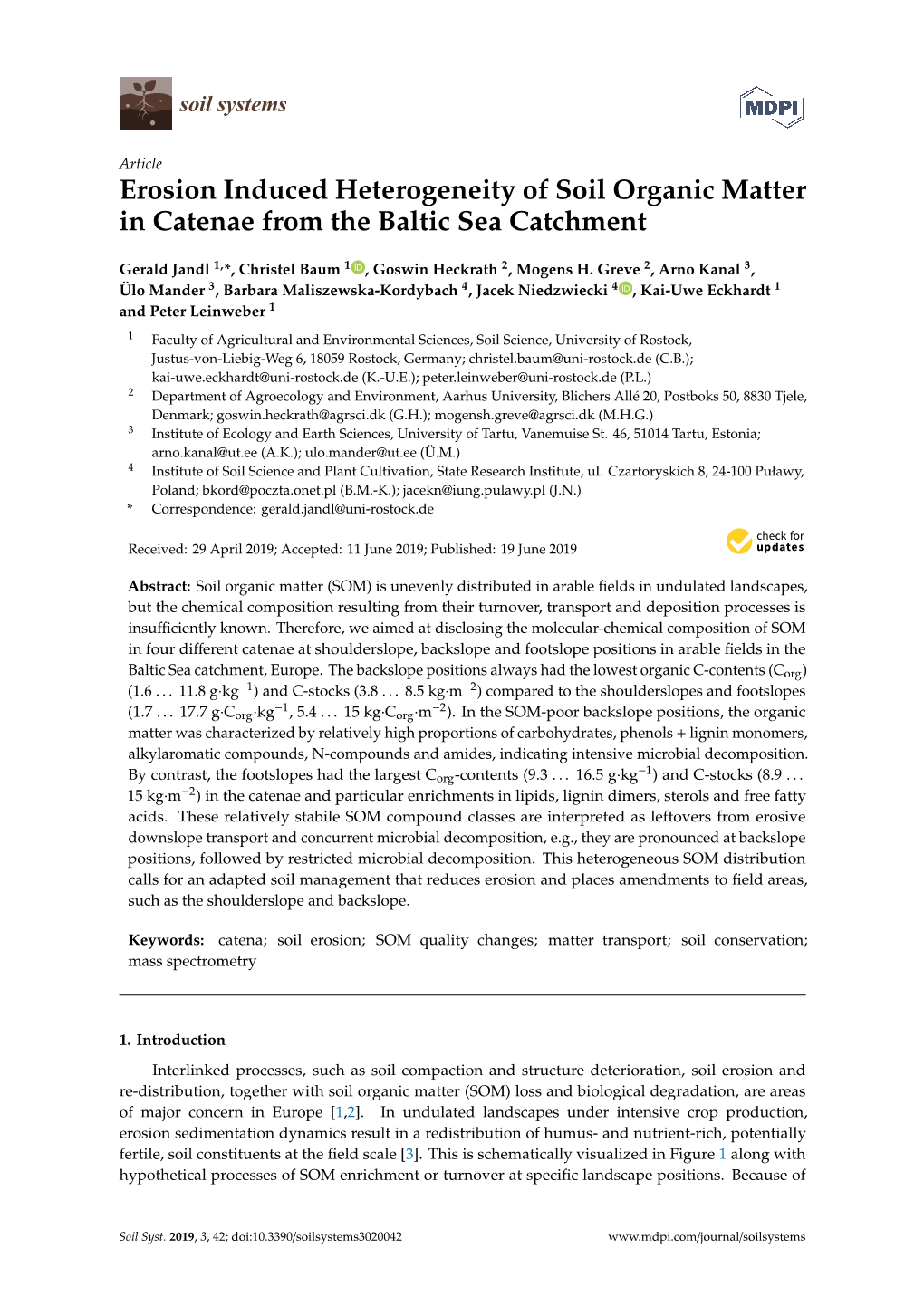 Erosion Induced Heterogeneity of Soil Organic Matter in Catenae from the Baltic Sea Catchment