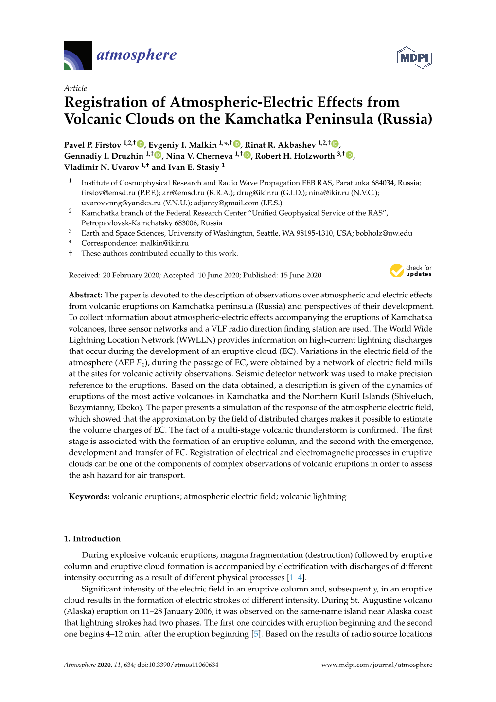 Registration of Atmospheric-Electric Effects from Volcanic Clouds on the Kamchatka Peninsula (Russia)