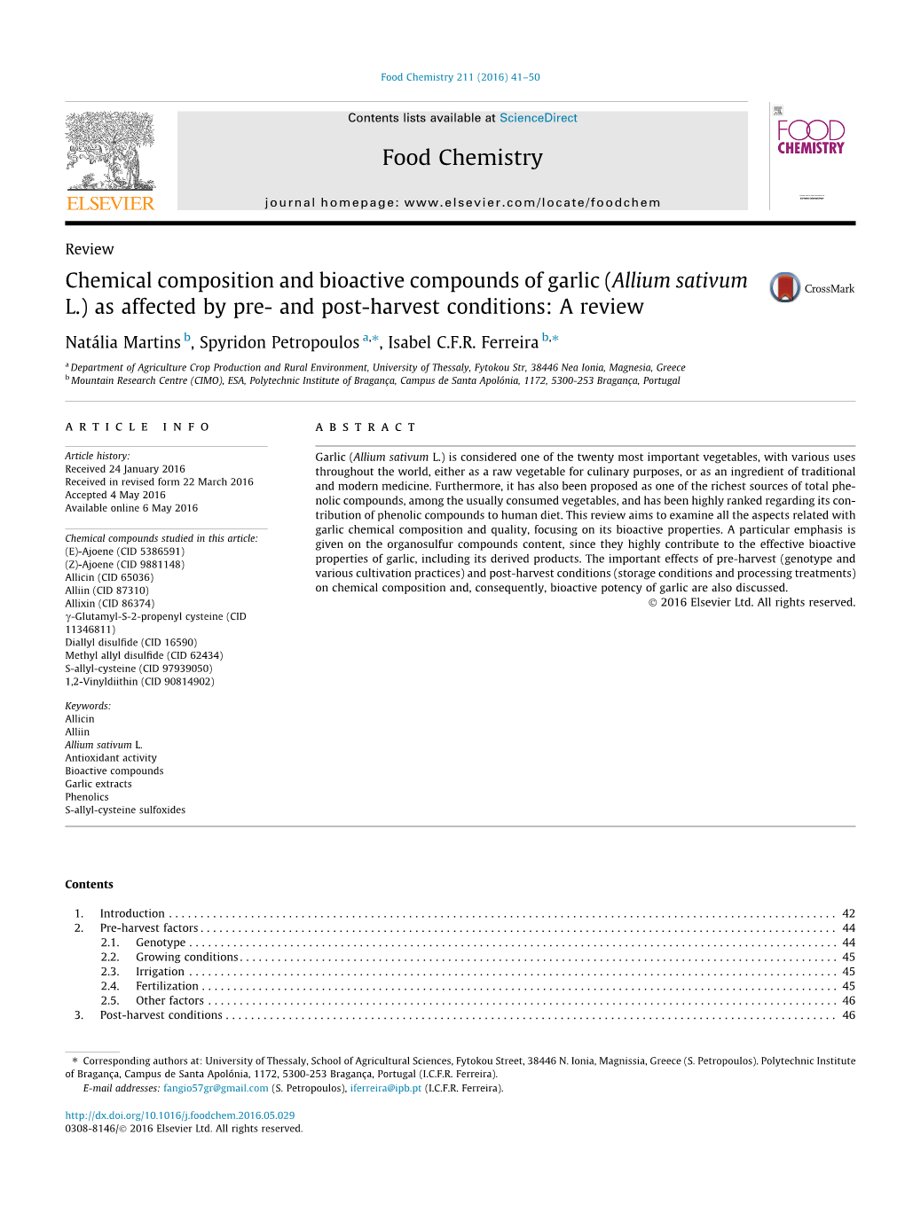 Chemical Composition and Bioactive Compounds of Garlic