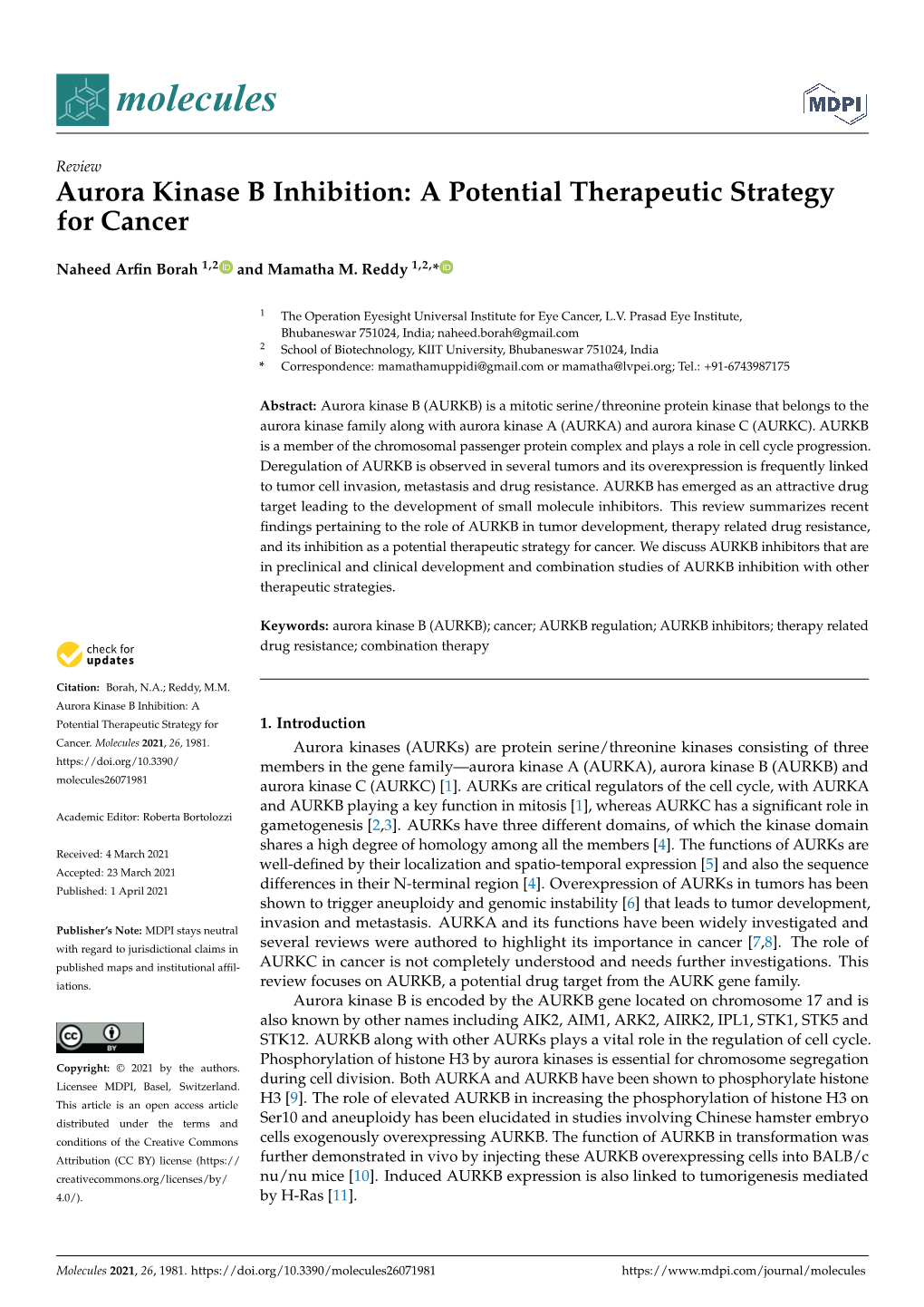 Aurora Kinase B Inhibition: a Potential Therapeutic Strategy for Cancer